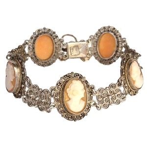 Antique Cameo Panel Silver Bracelet Filigree Italy 800 Marked Gold Chain Links